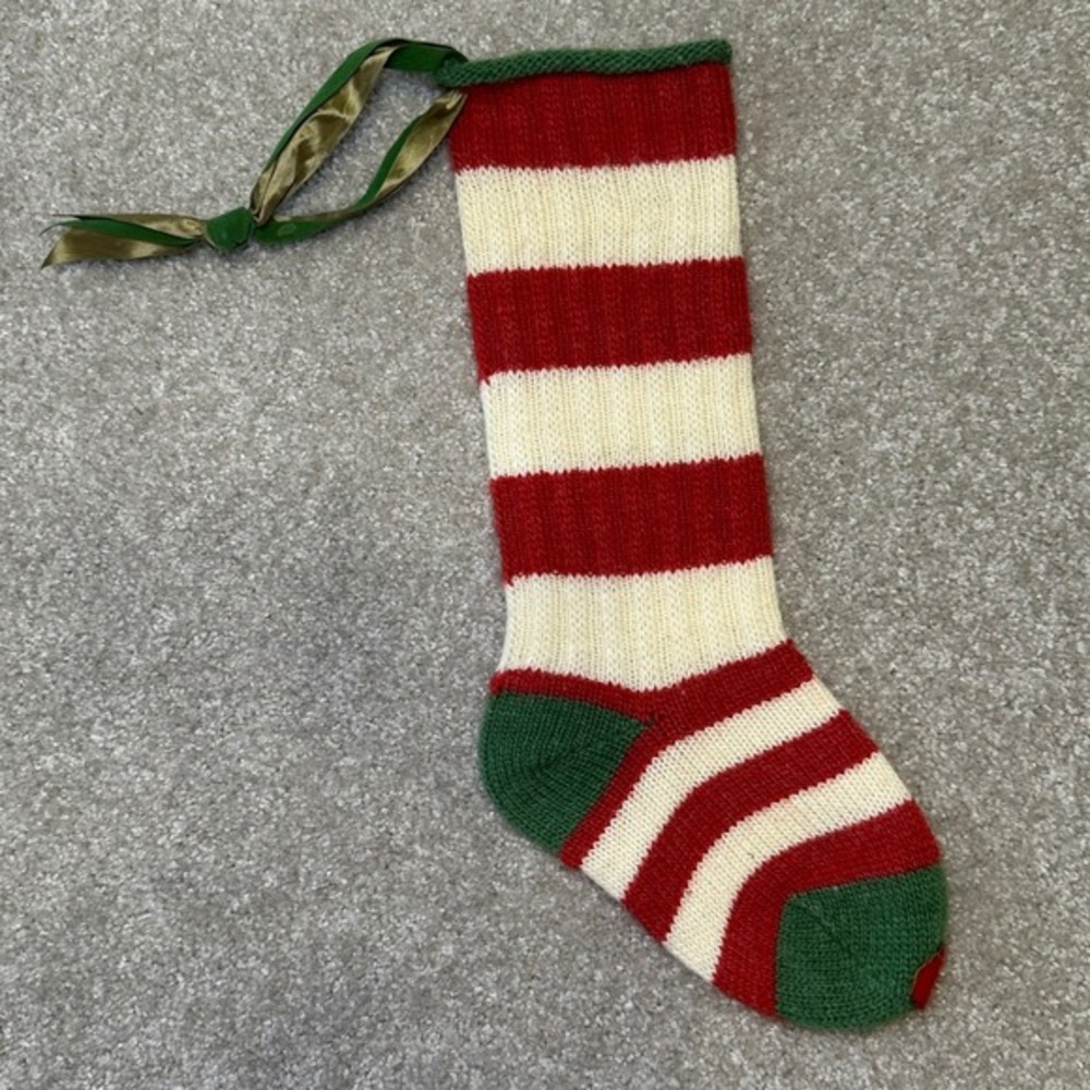 Hand Knit Christmas Stocking Red Cream Green Stripe Hanging Loop‎ Wool